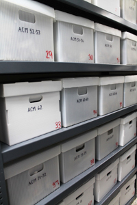 shelves of labeled boxes