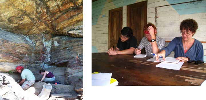 archaeological field site and students writing at a table