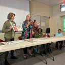 Susan Keefe, Pegge Laine, Carolyn Grimes, Roberta Jackson and Lynn Patterson discussed the recent projects of the Junaluska Heritage Association. Photo by Nick Fogleman